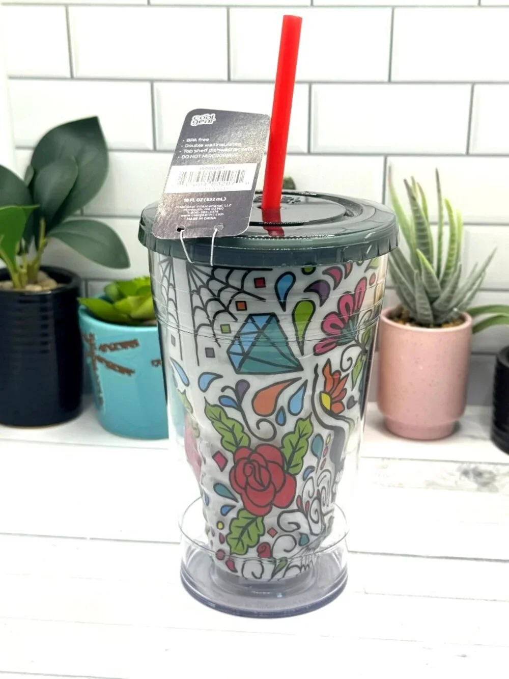 Cool Gear Double Wall Insulated Sugar Skull Tumbler With Straw 18 Oz